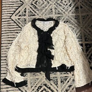 Zara Woman's Textured Cream And Black Cardigan M